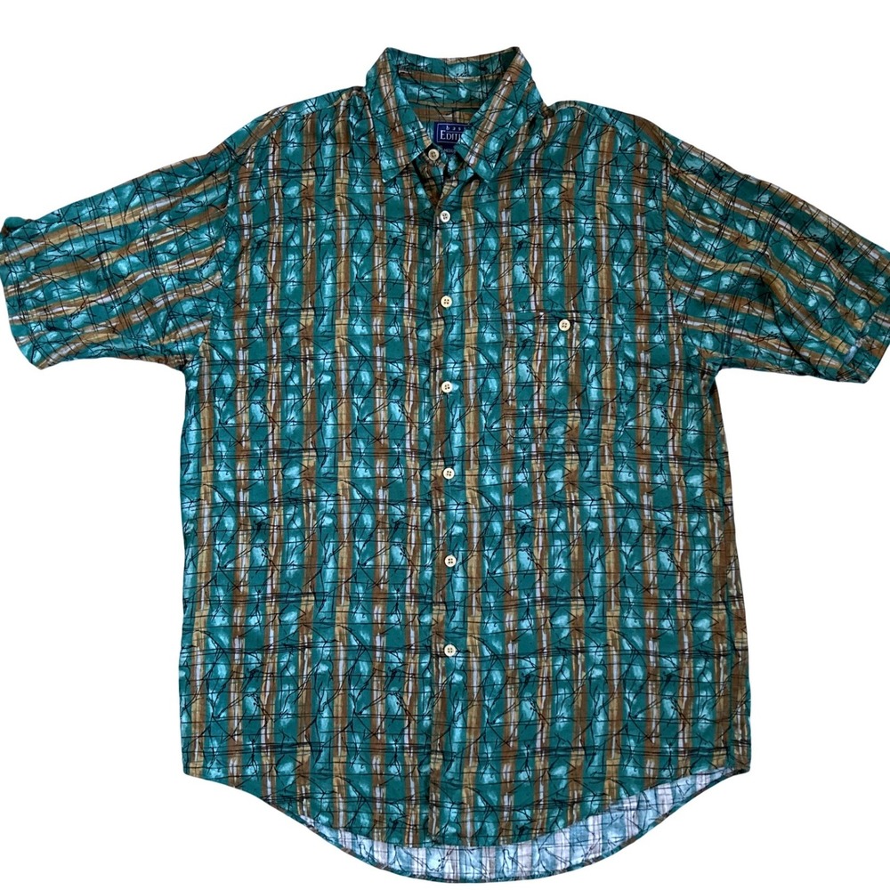Vintage Basic Editions Mens Short Sleeve Button Down Shirt Teal Brown Abstract M